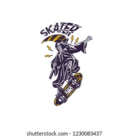 skeleton skater jump, design for Prints on T-shirts, sweatshirts, cases for mobile phones, souvenirs. Isolated vector illustration on white background.