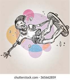 skeleton skater  on abstract retro background