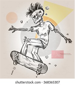 skeleton skater  on abstract retro background