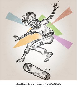 skeleton skater  on abstract retro background