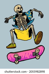 Skeleton Skater. Skeleton in shorts and Hawaii shirt jumping on skateboard. Skateboarding character isolated. 