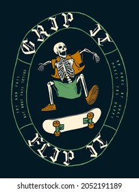 Skeleton skater vintage medieval typography label t-shirt print. Skateboarding vector illustration.