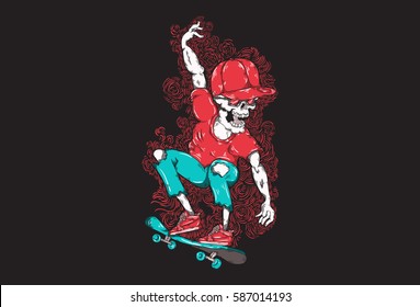 Skeleton skating on a skateboard. Vector Illustration. Isolated on black background.
