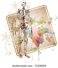 Skeleton sketch & floral calligraphy ornament - a stylized orchid & color paint background