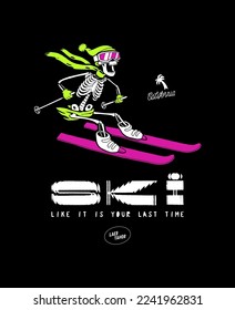 Skeleton ski. Bright colors funny skeleton in scarf riding skis downhill fast. Vintage typography silkscreen t-shirt print vector illustration.