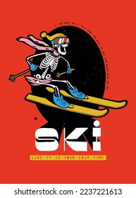 Skeleton ski. Crazy skeleton riding ski in scarf and laughing. Winter sports vintage typography silkscreen t-shirt print vector illustration.