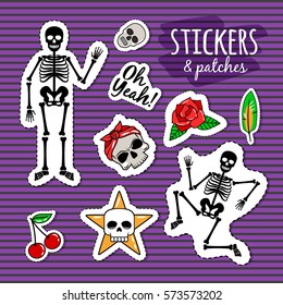 Skeleton and skull colorful stickers on violet background. Vector pins and patches collection