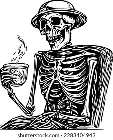 Calavera esquelética beber café, ilustración vectorial de estilo de arte de línea dibujada a mano, aislada en fondo blanco.