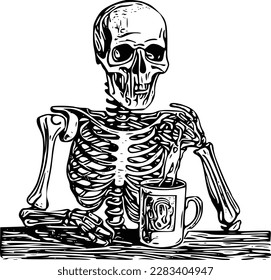 Skeleton skull drinking coffee, hand drawn line art style vector illustration, isolated on white background.