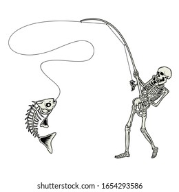 Skeleton skull fishing a bone fish vector hand drawn svg
