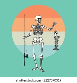 Skeleton skull fishing vector drawing