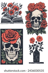 skeleton skull and roses flower set