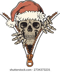 Skeleton Skull Santa Hat Zipper Christmas Vector Illustration