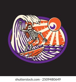 Skeleton skull surfing on the wave vector graphics. summer and holiday concept on black background. colorful