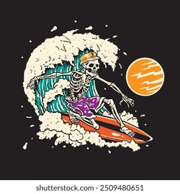 Skeleton skull surfing on the wave vector graphics. summer and holiday concept on black background. colorful