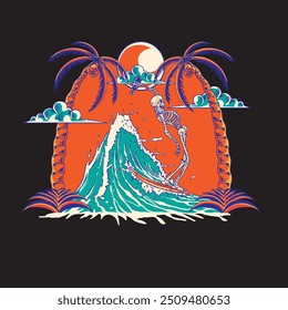 Skeleton skull surfing on the wave vector graphics. summer and holiday concept on black background. colorful