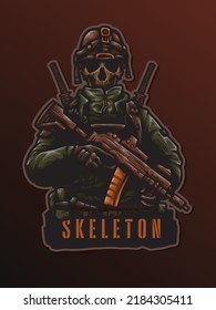 Skeleton Skull Warrior Squad Soldier Army con arma de arma de armas ESport Logo Ilustración