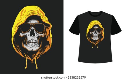 Skeleton skull wearing yellow hoodie and sunglasses t-shirt design, Vector illustration for t shirt