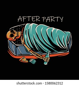 Skeleton sleeping in a coffin with liqour bottle, cigarette, and pizza illustration. Resting skull after party. Retro skull tshirt design