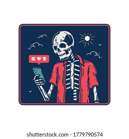 SKELETON WITH SMARTPHONE USING SOCIAL NETWORK BADGE COLOR WHITE BACKGROUND