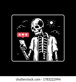 SKELETON WITH SMARTPHONE USING SOCIAL NETWORK BADGE WHITE BLACK BACKGROUND