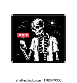 SKELETON WITH SMARTPHONE USING SOCIAL NETWORK BADGE BLACK WHITE BACKGROUND