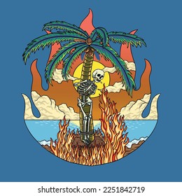 Skeleton Smoking while Tied to Coconut Tree with a View of the Sunset Vector Illustration