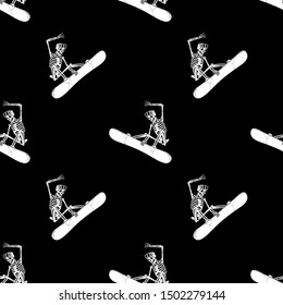 SKELETON SNOWBOARDER SEAMLESS PATTERN WHITE BLACK BACKGROUND