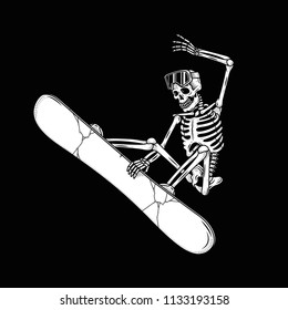 SKELETON SNOWBOARDER WHITE BLACK BACKGROUND