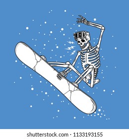 SKELETON SNOWBOARDER WHITE BLUE BACKGROUND