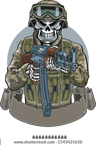 skeleton solider wearing uniform, helmet and holding ak 47 assault rifle

