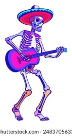 Skeleton in sombrero playing guitar. Funny vector isolated illustration. Day of the Dead concept.