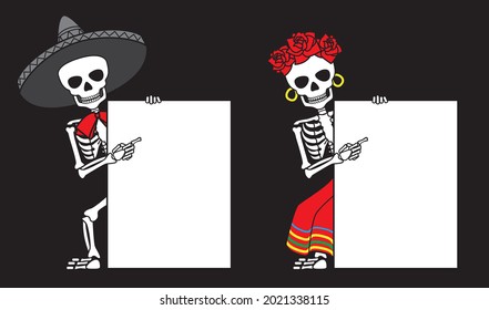 Skeleton in sombrero and Skeleton in red skirt point their finger at empty blank. Day of the daed vector illustration.
