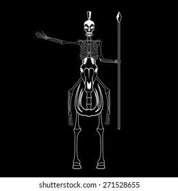 skeleton in spartan helmet with spear on the horse