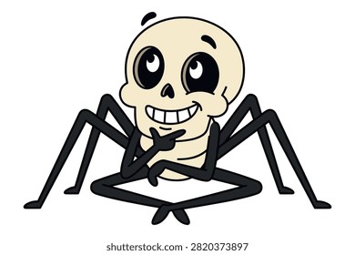 Skeleton spider, web creature, thoughtful pose, funny character, vector illustration.