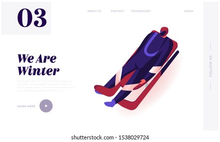 Skeleton Sport Racing Tournament, Sports Challenge Website Landing Page. Luger in Sportswear and Helmet Lying on Sleigh Face Up Going Downhills Web Page Banner. Cartoon Flat Vector Illustration
