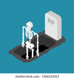 Skeleton stand up from grave. Death vector illustration