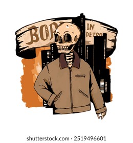 A skeleton standing still with a jacket and there's a night city on the background