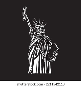 Skeleton statue of liberty with a wrench. Great for printing on t-shirts, stickers and more.