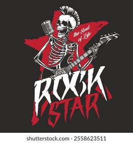 A skeleton styled as a rock star passionately plays a guitar while standing in front of a red star background. This artistic design embodies the spirit of music and rebellion.