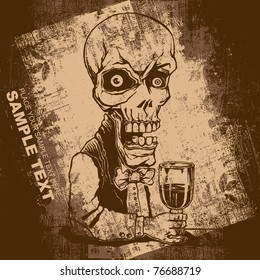 skeleton in suit and glass poison   grunge scratched background  retro style  vector illustration