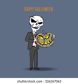 Skeleton in a suit and a tie with an evil pumpkin. Happy Halloween Party Design. Banner. Postcard. Empty space leaves room for design elements or text. Vector illustration