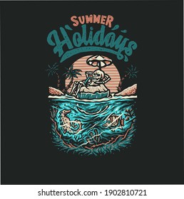 Skeleton summer beach t shirt graphic design, hand drawn line style with digital color, vector illustration