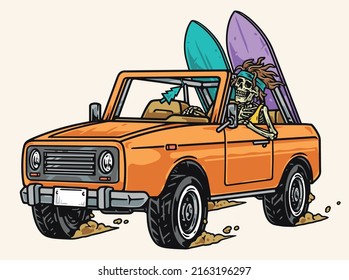 Skeleton surfer element colorful vintage drives car goes to sea summer beach to surf on waves vector illustration