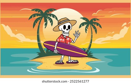 Skeleton surfer with a hat and surfboard on a tropical beach at sunset