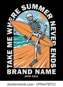 Skeleton Surfer en la playa. Para camisetas, pegatinas y otros productos similares.