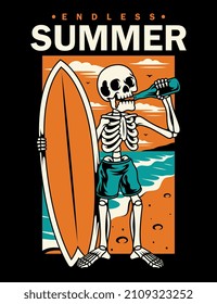 Skeleton Surfer on the beach. For t-shirts, stickers and other similar products.