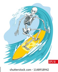 Skeleton surfer on the board ride the wave. Vector illustration.