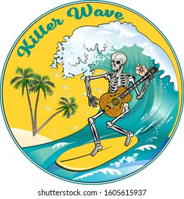 Skeleton surfer on the board ride the wave