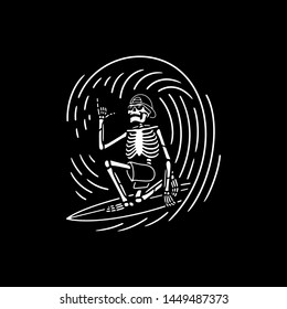 SKELETON SURFER ON THE WAVE WHITE BLACK BACKGROUND